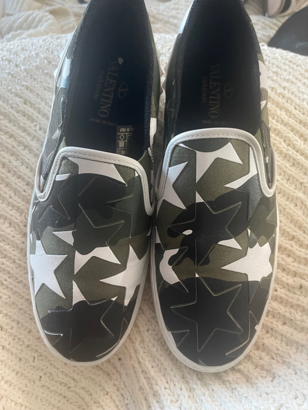 Valentino Star-Print Slip-On Sneakers in Green, Black & White